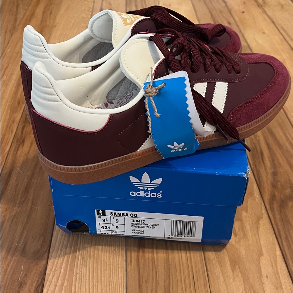 Adidas Women's Samba Maroon and White Sneakers with gold accents